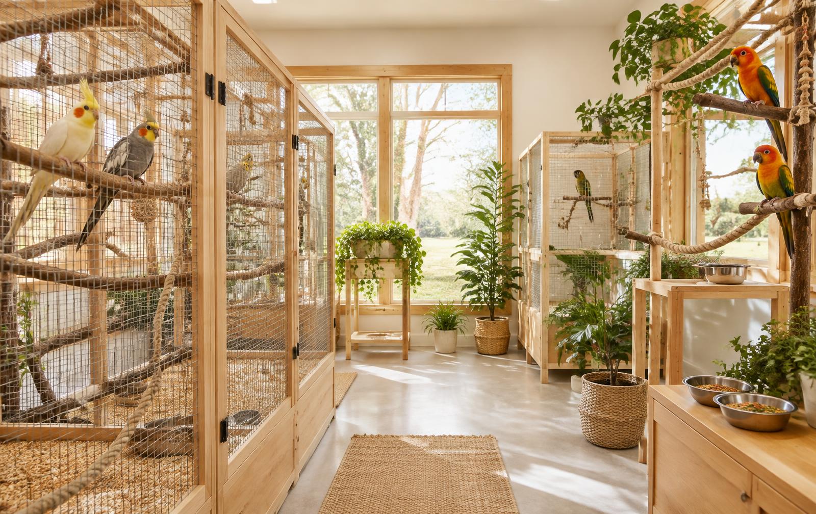 Bright nursery and flight aviary with wooden enclosures, natural perches and greenery
