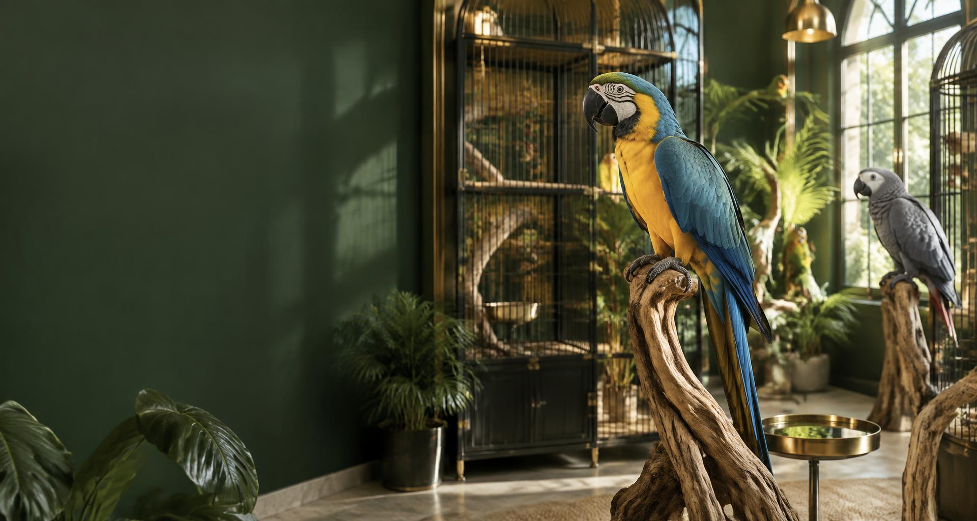 Blue-and-gold macaw and African grey parrot on natural wood perches in an elegant indoor aviary